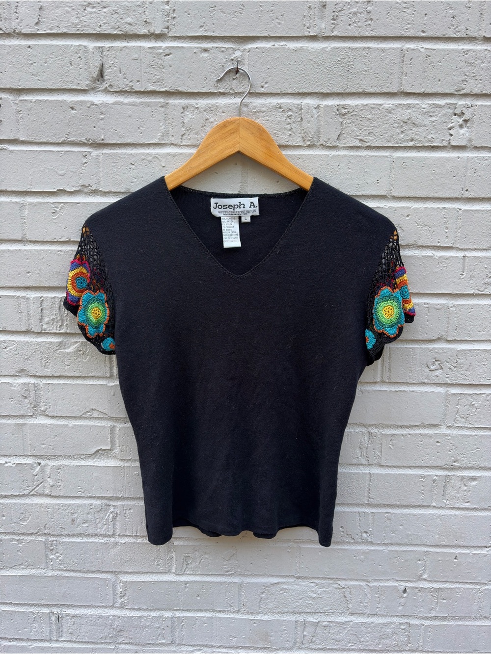 Y2K Silk Joseph A Black V-Neck Top with Multicolor Crochet Flower Boho Sleeves